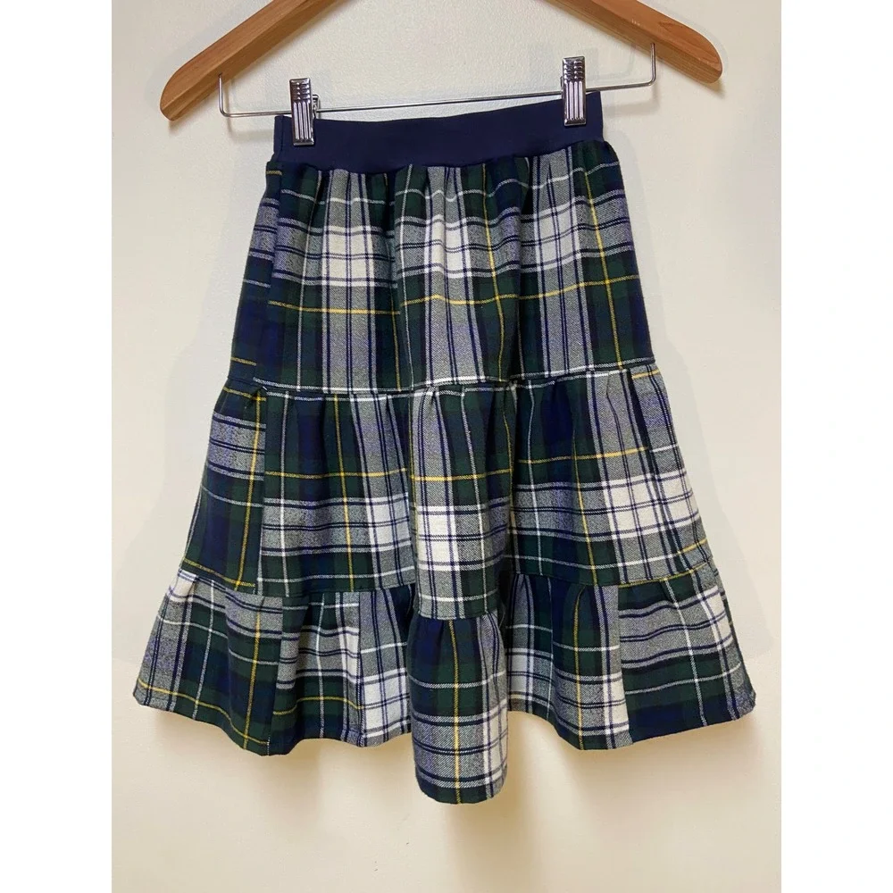 Girls Flannel Mom and Pop's Kids Midi Skirt 5 Green Plaid Heavyweight Tiered